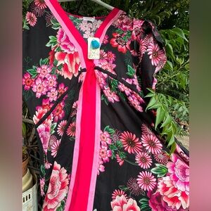 Johnny Was Black V-Neck Kaftan with Pink Floral Design